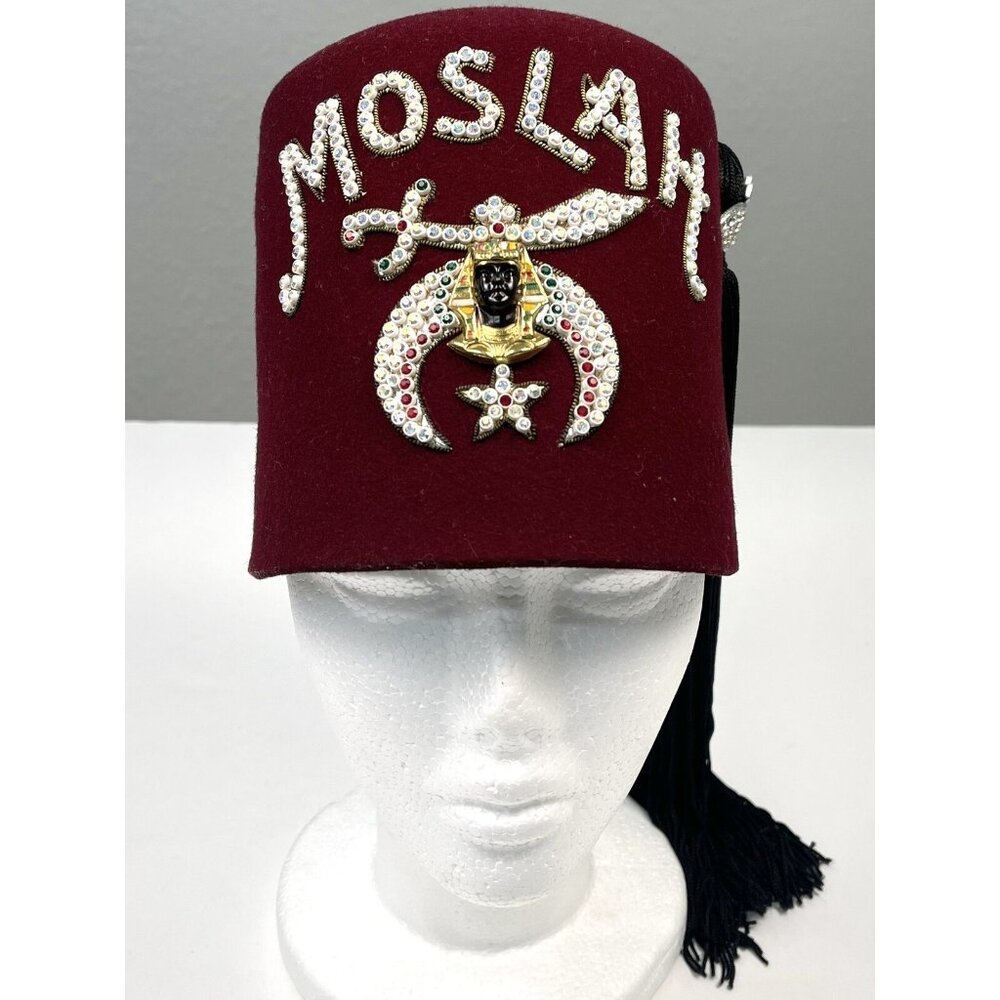 MOSLAH Shriners SIZE 7 Harry M. Osers Felt Rhinestone Jeweled FEZ Cap Hat Tassel
